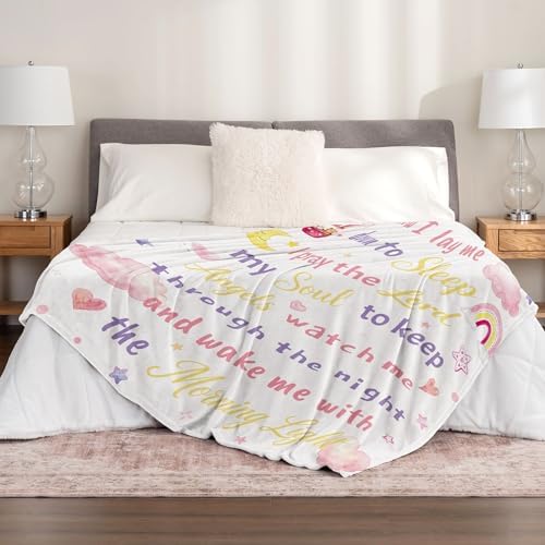 Newsely Baptism Gifts for Girl Christening Throw Blanket,50x60 Inch Reversible, Pink Cute Rainbow Cloud Bible Verse Flannel Blanket Home Decor Super Soft Warm Cozy for Bed Couch Sofa Couch