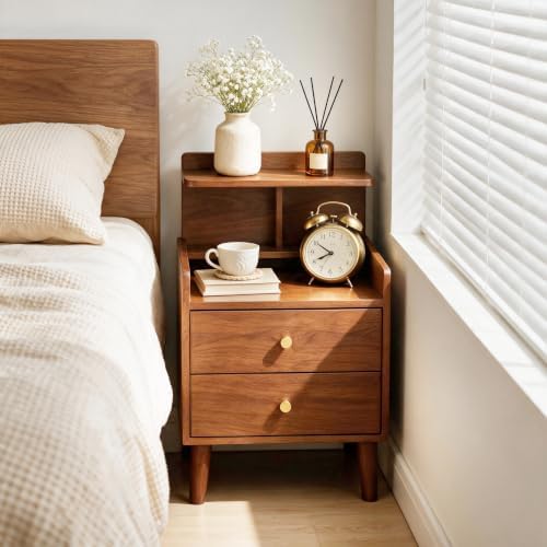 PARTPHONER Mid-Century Modern Small Nightstand with Charging Station, 15.4" Wide Narrow Side Bedside Table with 2 Drawers, Storage Shelf End Table for Bedroom, Living Room