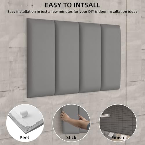 Peel and Stick Headboard Grey Upholstered Wall Panels, 12 Panels Sized 7.8" x 15.7", 3D Anti-Collision Soundproof Self-Adhesive Wall Panel for Bedroom