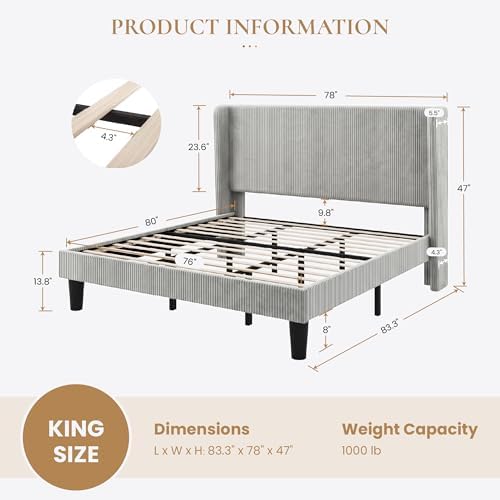 SHA CERLIN King Corduroy Platform Bed with Tufted Wingback Headboard, Grey