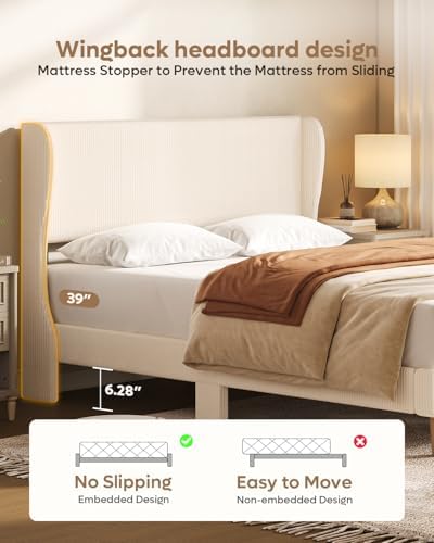 Bestier Queen Bed Frame with Wingback Headboard,Upholstered,Beige