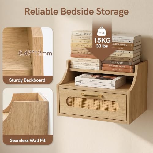 Afuly Floating Nightstand with Drawer Oak Rattan Bedside Table Wall Mounted