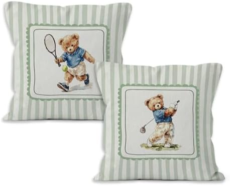 Sports Bear Nursery Throw Pillow Cover 18x18, Golf Tennis Player Bear Decorative Pillow Covers for Kids Toddler Boy Nursery Room Bedroom Playroom, Sports Accent Pillows Cover Pillowcases, Set of 2