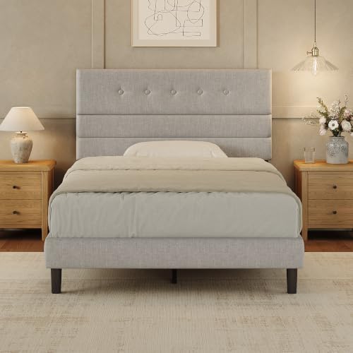GRUSIGN Full Size Bed Frame with Linen Fabric Headboard, Adjustable Height Upholstered Platform Bed Frame with Wooden Slats, Easy Assembly, Dark Grey
