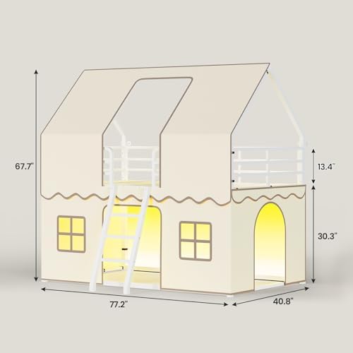Girls Bunk Bed Twin Over Twin, House Loft Bed with LED Lights