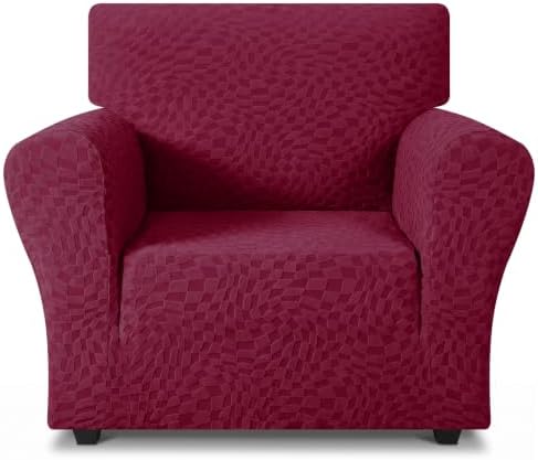 ZNSAYOTX 1 Piece Stretch Chair Cover with Arms (34"-44"), New Plaid Armchair Cover with Elastic Band for Living Room, Ultimate Soft Cozy Washable Chair Slipcover Form Fit Protector, Wine Red