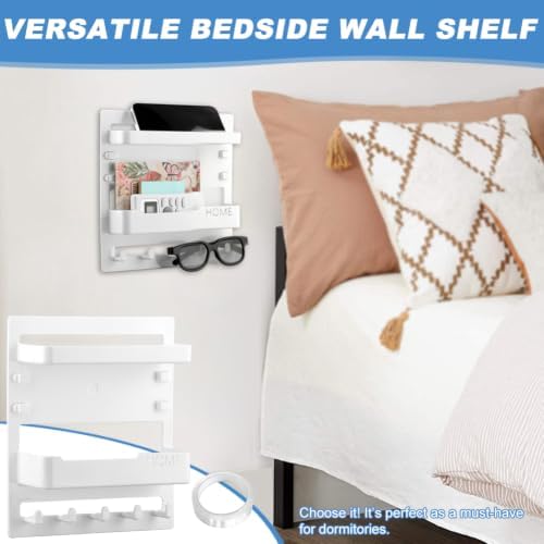 Bedside Wall Shelf, Adhesive Floating Shelves Dorm Decor with 5 Hooks