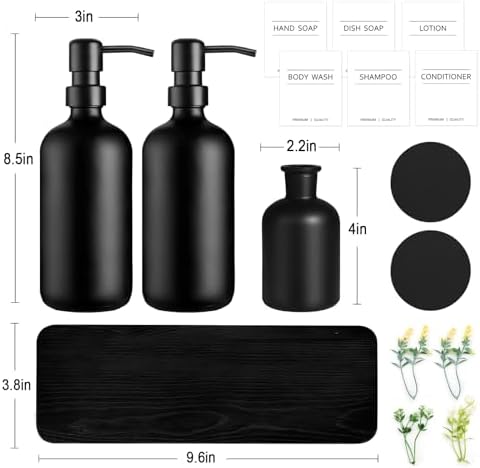 Dish Soap Dispenser for Kitchen, Black Hand Soap Dispenser with Stainless Steel Pump, Kitchen Soap Dispenser Set with Wood Riser Tray, Matte Black Bathroom Soap Dispenser Set Bathroom Decor