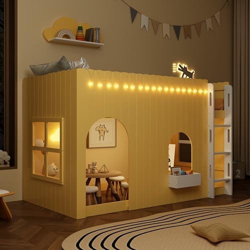 Merax Twin Loft Bed with Ladder and House-Style Frame, Primrose Yellow