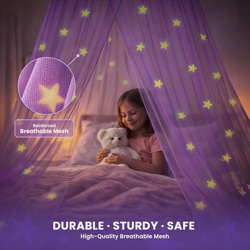 Bollepo Purple Bed Canopy for Girls with Glowing Stars - Princess Netting Room Decor, Ceiling Tent to Cover Toddler | Single, Twin, Full, Queen Size Kids Bed, Fire Retardant Fabric