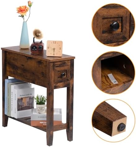 Brown 2 Pack Chairside Narrow End Table with Drawer, Solid Recliner Side Table with Storage Shelf, Slim Nightstand Bedside Table for Bedroom