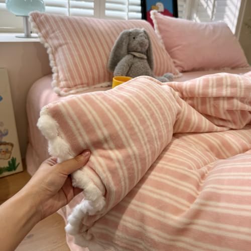 AOJIM Milk Velvet Duvet Cover Set Twin 3 Pieces Retro Pink Striped Bedding