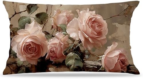 Vintage Pink Rose Floral Throw Pillow Covers Decor 12x20 Inch