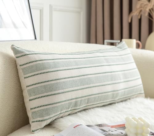Cethom Decorative Boho Lumbar Pillow Covers, Modern Farmhouse Couch Pillowcase, 14 x 36 Long Accent Body Throw Pillow Covers, Sofa Bed Living Room Decor Cushion Case, Green and Beige, Pack of 1