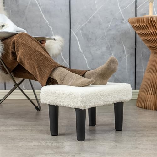 CAROLMADE Ottoman Foot Rest, Sherpa Small Ottoman Foot Stool with Legs Modern Footstool Ottomans for Living Room Entryway Office, Soft White