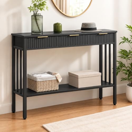 MAHANCRIS 47.2" Console Table with 3 Drawers, Fluted Black Entryway Table