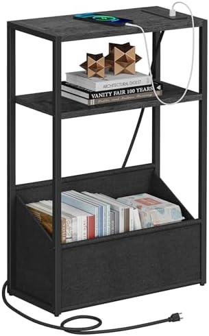 TUTOTAK Narrow Side Table with Charging Station, Slim End Table
