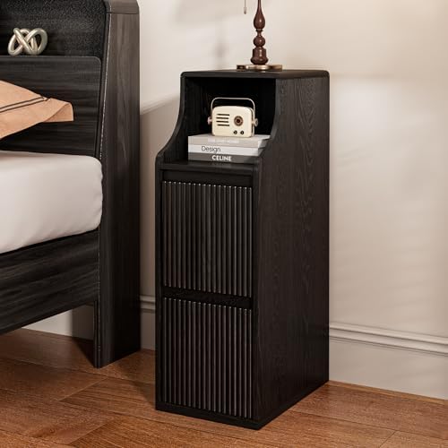 Black Fluted Small Nightstand Set of 2, Mid Century Modern Bedside Table with 2 Drawers, Wooden Skinny Vintage Side Table, Narrow Night Stand, Slim End Table, for Bedroom, Living Room