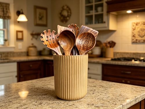 Large Stoneware Kitchen Utensil Holder for Kitchen Counter & Countertop Cooking Utensil Holder Spatula Holder Utensil Crock for Kitchen Counter Vertical Ribbed Fluted Stripe (Retro Amber)