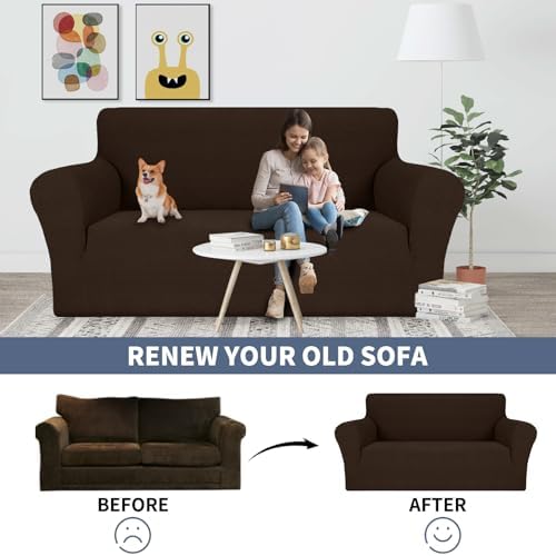 JIVINER Stretch Loveseat Slipcovers 1 Piece Love Seat Sofa Cover Spandex 2 Seater Couch Covers Universal Furniture Protector with Elastic Bottom (Medium, Coffee Rhomb)