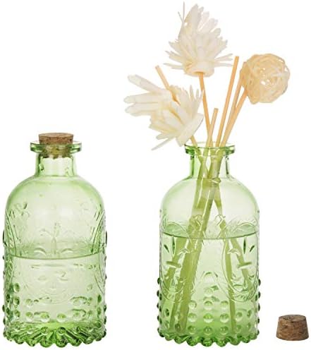 MyGift Vintage Embossed Green Glass Small Reed Diffuser Bottle with Cork Lid, Decorative Flower Bud Vase, Set of 2