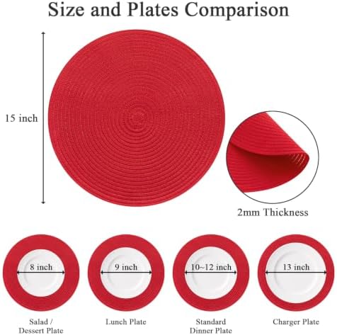 SHACOS Red Round Braided Placemats Set of 8 Washable Fabric Place Mats
