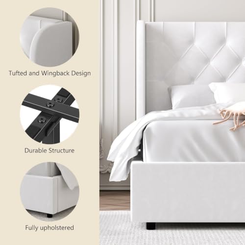 HOMBCK King Size Bed Frame, Upholstered Platform Bed with Headboard, White