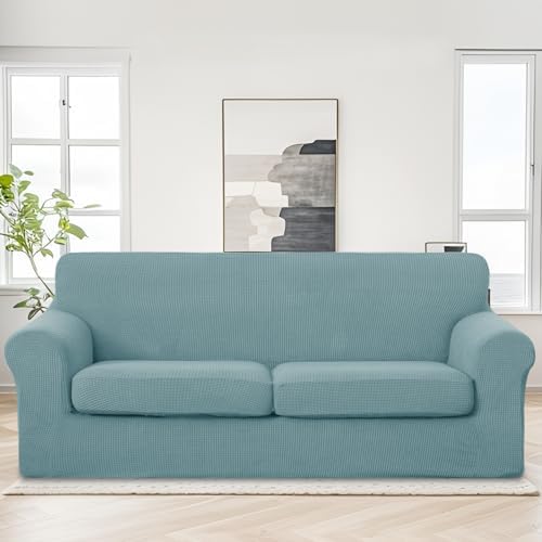 U-NICE HOME 3 Pieces Stretch Couch Cover Sofa Slipcover, Light Blue