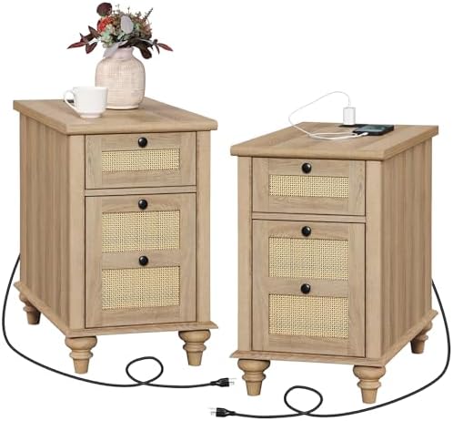 WAMPAT Set of 2 Rattan End Tables with Charging Station, Tall Side Tables Nightstand with Drawer & Storage Cabinet, Light Wood Bedside Table for Bedroom & Living Room, Burlywood