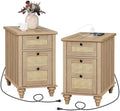 WAMPAT Set of 2 Rattan End Tables with Charging Station, Tall Side Tables Nightstand with Drawer & Storage Cabinet, Light Wood Bedside Table for Bedroom & Living Room, Burlywood
