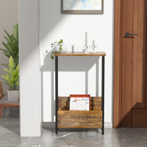 THUMEYE 7.1" Narrow Side Table for Small Spaces, 2 Tier Small End Table with Magazine Holder, Slim/Skinny Nightstand/Bedside Table for Living Room, Bedroom, 15.4" L x 24.2" H