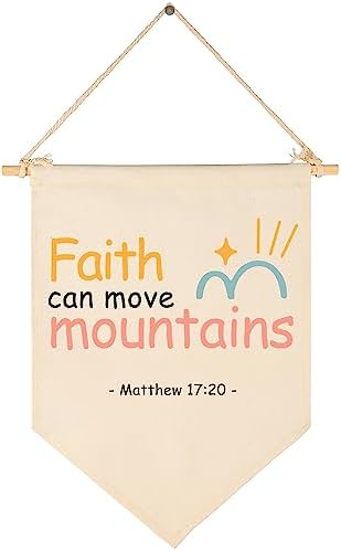 Christian Bible Verses Art-Scripture Flag Sign Gift for Baby Newborn Boys Girls Kids-Banner Pennant Wall Decor Present for Nursery Bedroom Playroom -Baby Gift Shower-Faith Can Move Mountains