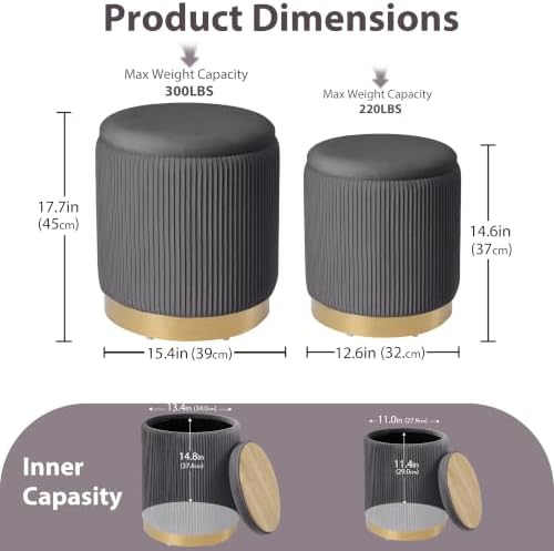 Royal Windsor Round Ottoman with Storage Set of 2, Storage Vanity Stool