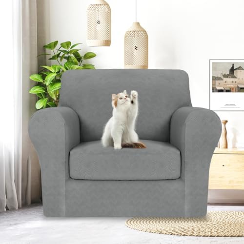 MAXIJIN 2 Piece Chair Covers Chair Slipcover with Arms, Sofa Chair Cover for Living Room Armchair Cover, Stretch Pet Dog Slip Cover for A Chair with 1 Cushion (31"-46", Light Gray)