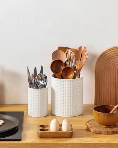MALACASA LYDIA Ceramic Utensil Holder, 7.3"+5.5" Kitchen Utensil Crock Set for Countertop, Large & Small Utensil Organizers for Cooking Tools, Rhombus Pattern