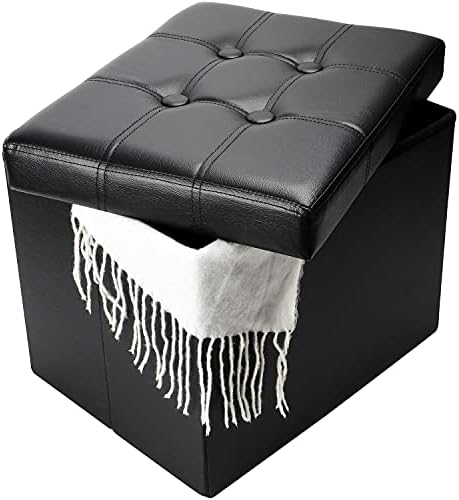 Bsketa Storage Ottoman Bench,17 Inch Folding Leather Foot Rest Stools,Black