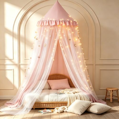 Kertnic Princess Bed Canopy for Girls, Double Layer Round Bed Mosquito Net, 31.5" Large Dome Indoor Castle Bed Tent, Sleeping & Reading Nook Curtain for Boys Girls (Beige Pink)