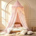 Kertnic Princess Bed Canopy for Girls, Double Layer Round Bed Mosquito Net, 31.5" Large Dome Indoor Castle Bed Tent, Sleeping & Reading Nook Curtain for Boys Girls (Beige Pink)