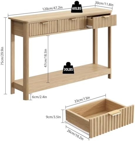 RUSTOWN Fluted Wood Console Table with 3 Drawers, 47.2" Boho Entryway Table