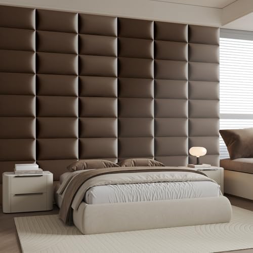 Upholstered Headboard - Bed Backboard, Dark Brown Faux Leather Panels, 24 x 12 Inches Each, 12-Piece Set, Modern Headboard Queen Design, Easy to Assemble, Perfect for Queen Beds