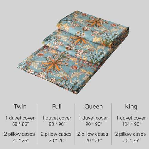 Green Flower Duvet Cover Set Twin,Aesthetic Boho Bedding Set Percale Cotton Royal Floral Comforter Cover with Zipper Closure