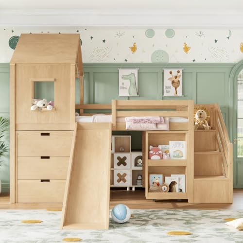 Twin Size Playhouse Low Loft Bed with Slide Storage Drawers Stair Shelves Pull Out Desk (Natural, Twin)
