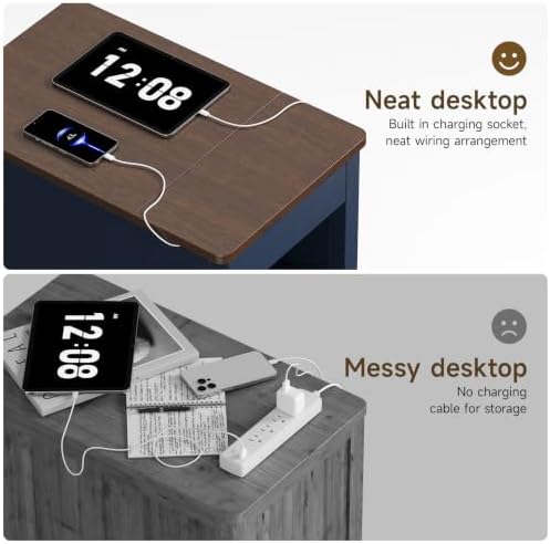 ONBRILL Rustic End Table with Charging Station, Narrow Side Table, Blue
