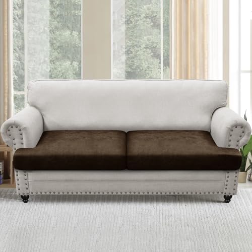 T Cushion Sofa Slipcovers Leather-Look 2PC Stretch Sofa Cushion Covers for 2 Cushion Couch Individually Couch Seat Cover with Elastic Bands, Pet-Friendly, Non-Slip, Easy Fit - Coffee