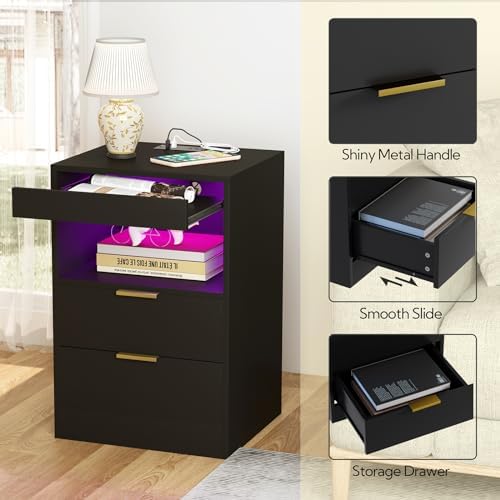 Yusong Nightstand, LED Nightstand with Charging Station, Black
