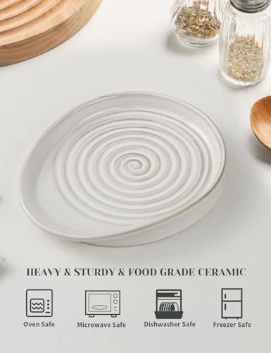 Ceramic Spoon Rest for Stove Top, Spoon Holder for Kitchen Counter, Farmhouse Cooking Utensil Holder for Spoons, Ladles, Spatula, Glazed White