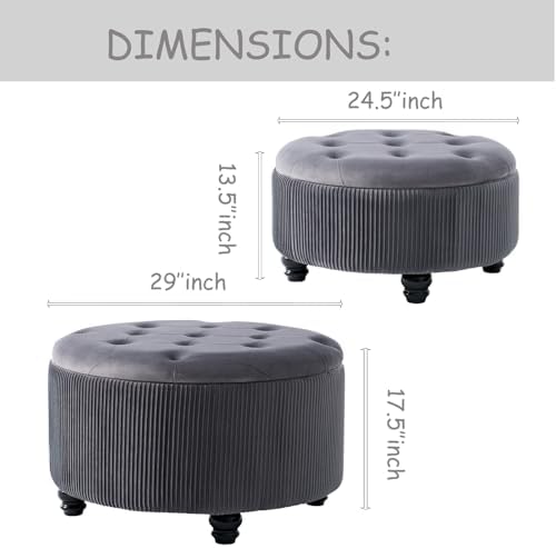 Round Storage Ottoman Coffee Table Set of 2, Gray, 29'' & 24.5''