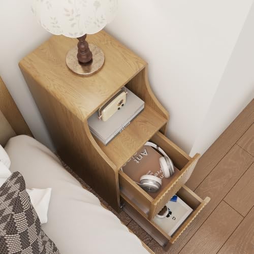 Fluted Narrow Nightstand Set of 2, Mid Century Modern Small Bedside Table with 2 Drawers, Wooden Skinny Vintage Side Table, Night Stand, Slim End Table for Bedroom, Natural