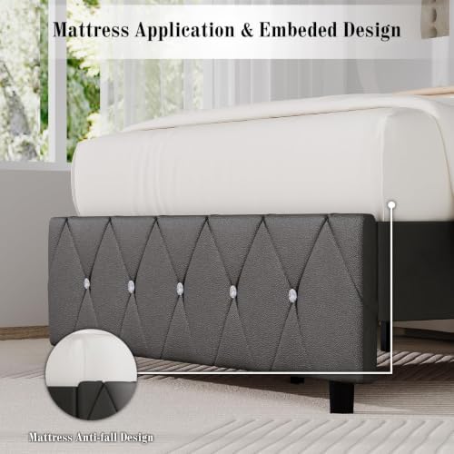 BarnFurin Twin Bed Frame with Diamond Tufted Headboard, Grey