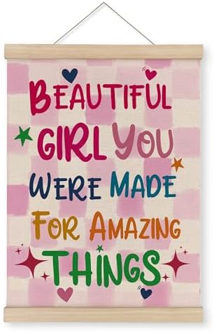 MAQIKA Inspirational Girls Room Poster Framed with Wood Hanger, Pink Girl Nursery Hanging Wall Decor, Motivational Canvas Wall Art Paints for Kids Toddler Girl Nursery Room Bedroom, 12x16 Inch